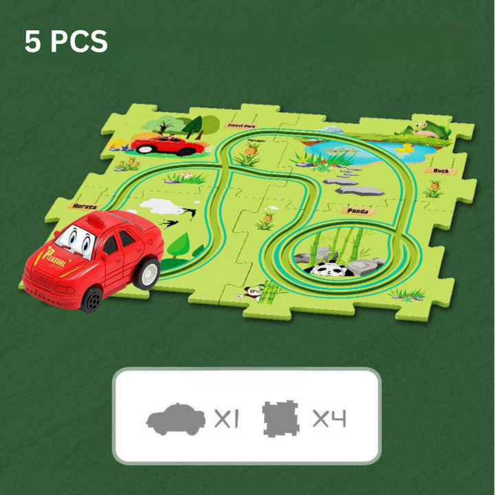 Rotes Spielzeugauto auf grünem Puzzle-Teppich, 5-teilig, Kinder, Lernspielzeug.