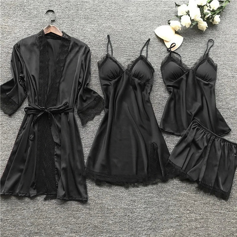 Schwarzes Damen-Pyjama-Set aus Satin mit Spitze, 4-teilig, Nachtwäsche, elegant und sexy.