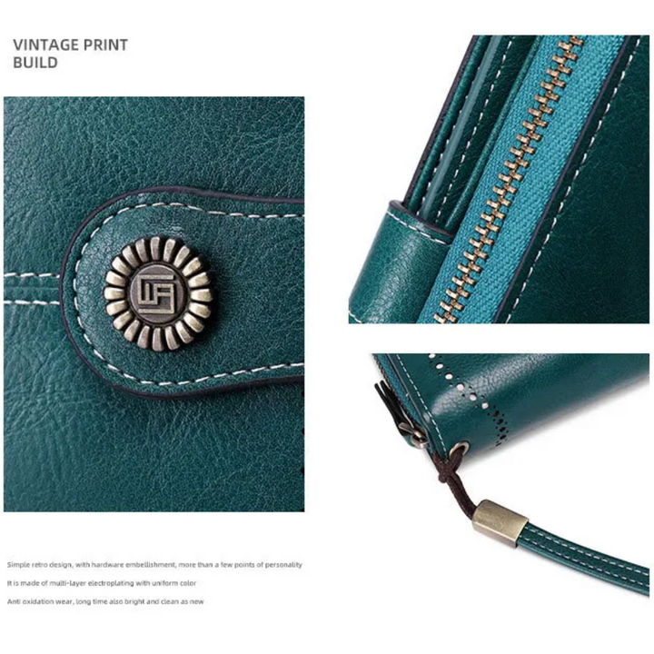 Grüne Lederhandgelenktasche, Vintage-Design, große Kapazität, Reißverschluss, Damenmode.