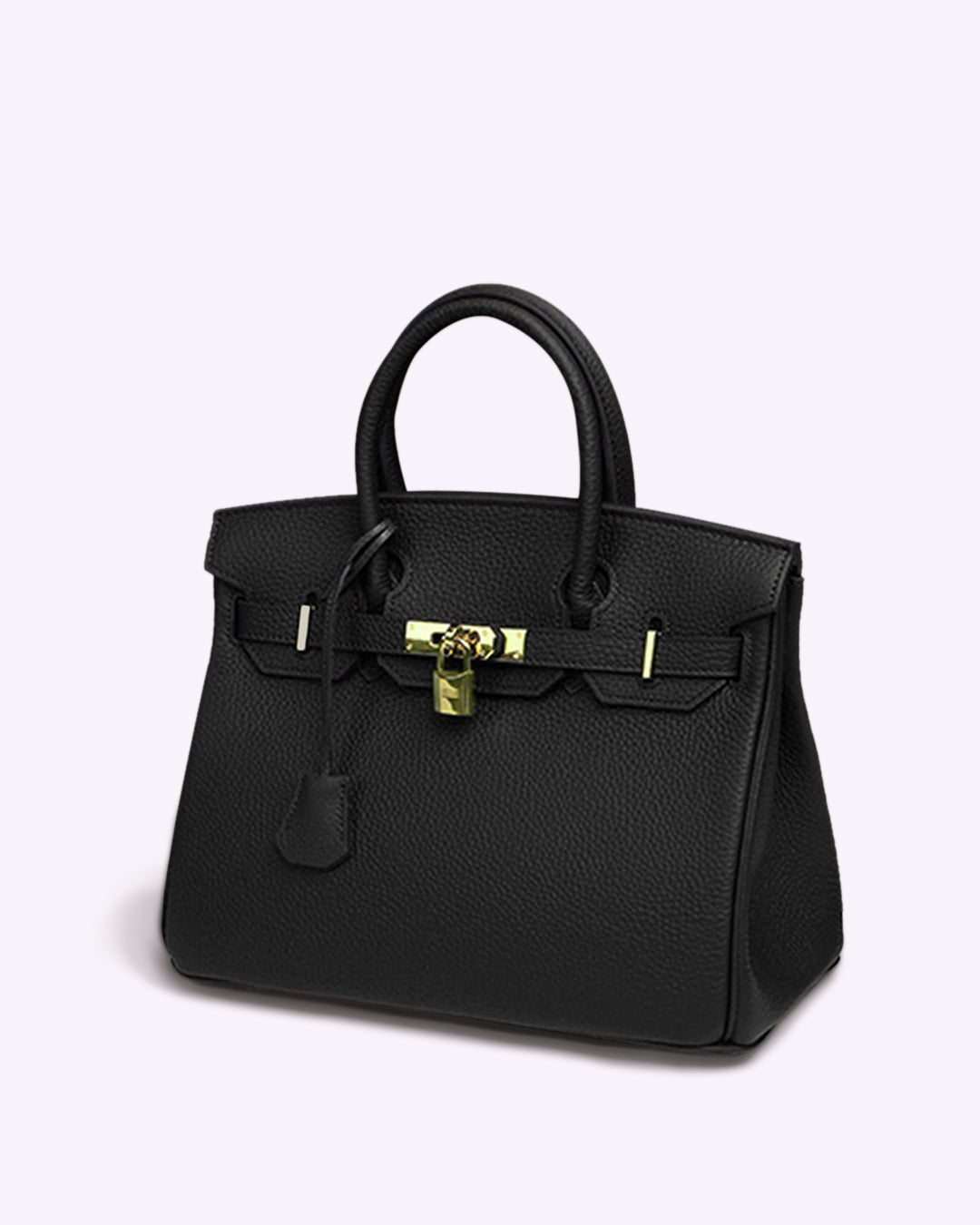 Schwarze Lederhandtasche mit goldener Hardware, elegante Damenmode, luxuriöses Accessoire.