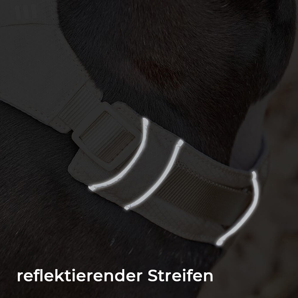 Reflektierendes Hundegeschirr, wasserdicht, atmungsaktiv, mit Anti-Zug-Funktion, Nahaufnahme.