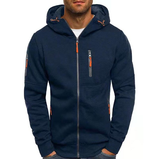 Dunkelblaue Herren-Kapuzenjacke mit Reißverschluss, Streetwear, Freizeitmode.