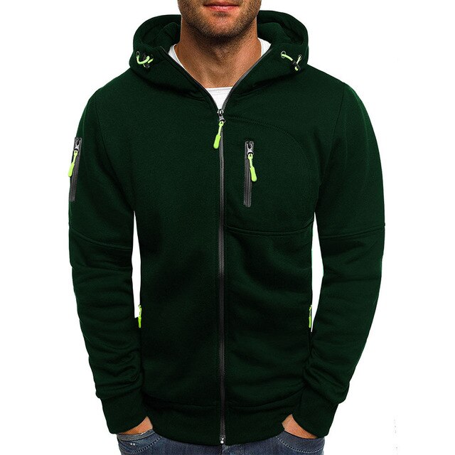 Grüne Herren-Kapuzenjacke mit Reißverschluss, Streetwear, Freizeitmode, Baumwolle.