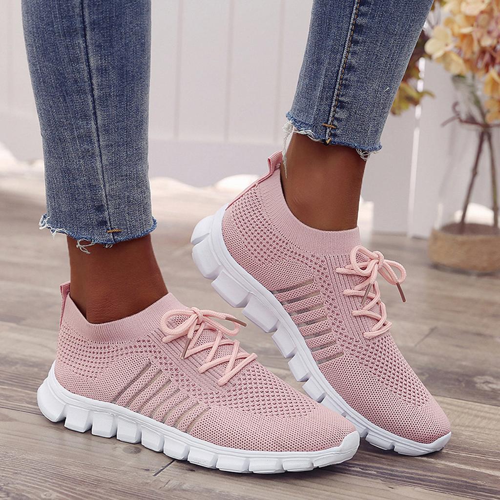 Rosa Damen-Sneaker, atmungsaktiv, rutschfeste Sohle, Strickmaterial, Freizeitmode.