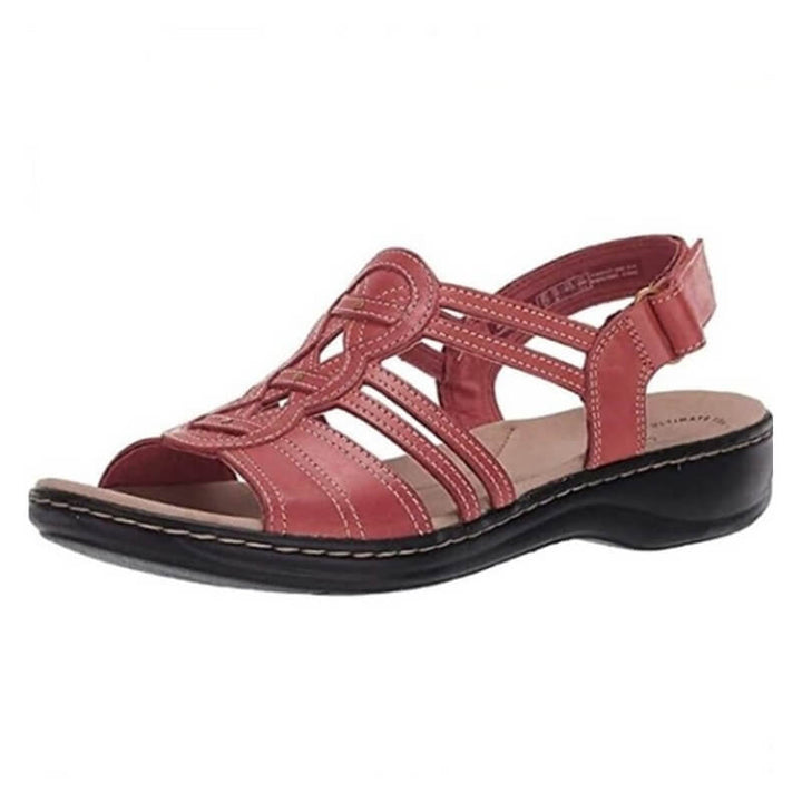 Rote Damensandalen, Leder, bequem, stilvoll, Sommerschuhe, verstellbarer Riemen, flache Sohle.