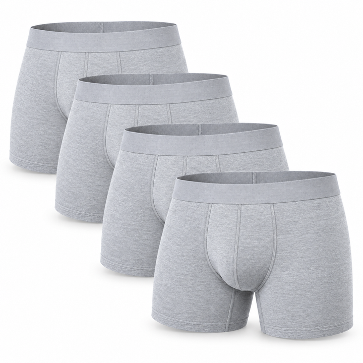 Čtyři světle šedé melírované boxerky naskládané za sebou, set více kusů s širokým pasem. 6