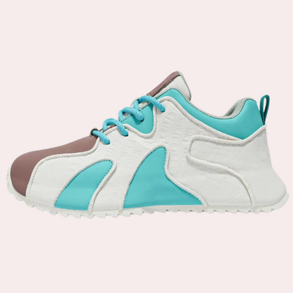 Damen-Sneaker, weiß-türkis, Leder, sportlich, modisch, bequeme Freizeitschuhe, Seitenansicht.