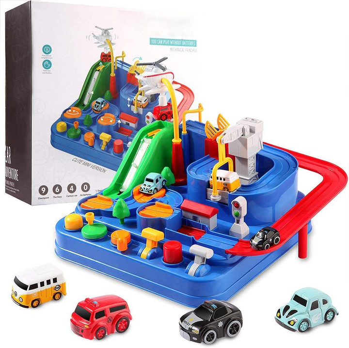 Blaues Spielzeug-Autorennbahn-Set mit Autos, Kunststoff, interaktiv, für Kinder ab 3 Jahren.