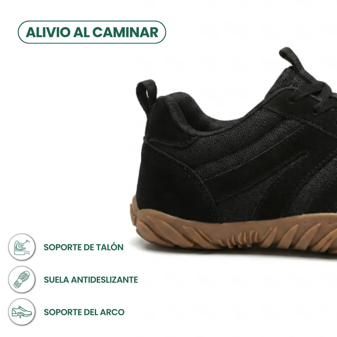 Černá bota z boku, detail paty a světle hnědé podrážky s výčtem funkcí: opora paty, protiskluzová podrážka, opora klenby. 22