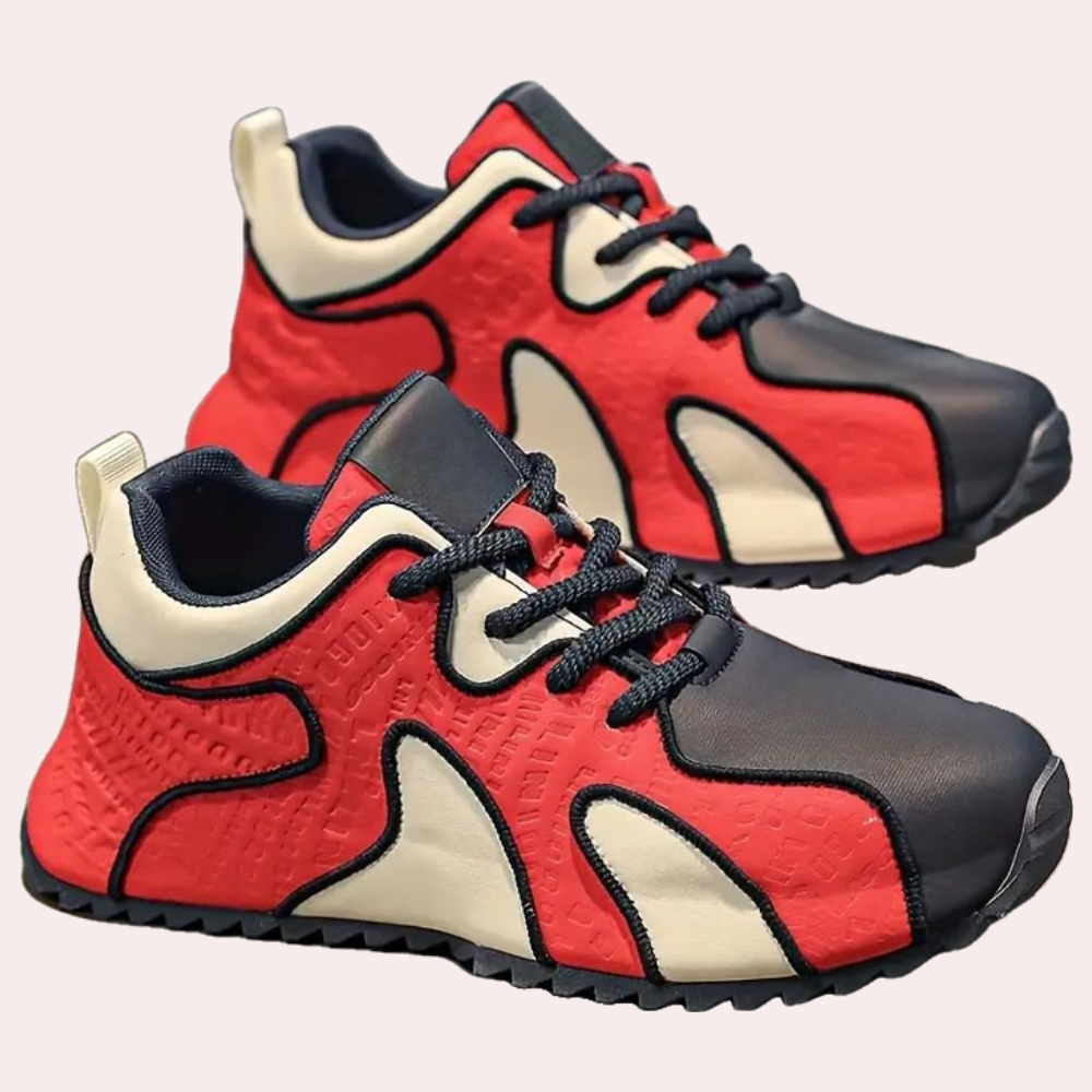 Rote und schwarze Sneaker, modernes Design, Sportschuhe, atmungsaktiv, rutschfeste Sohle.