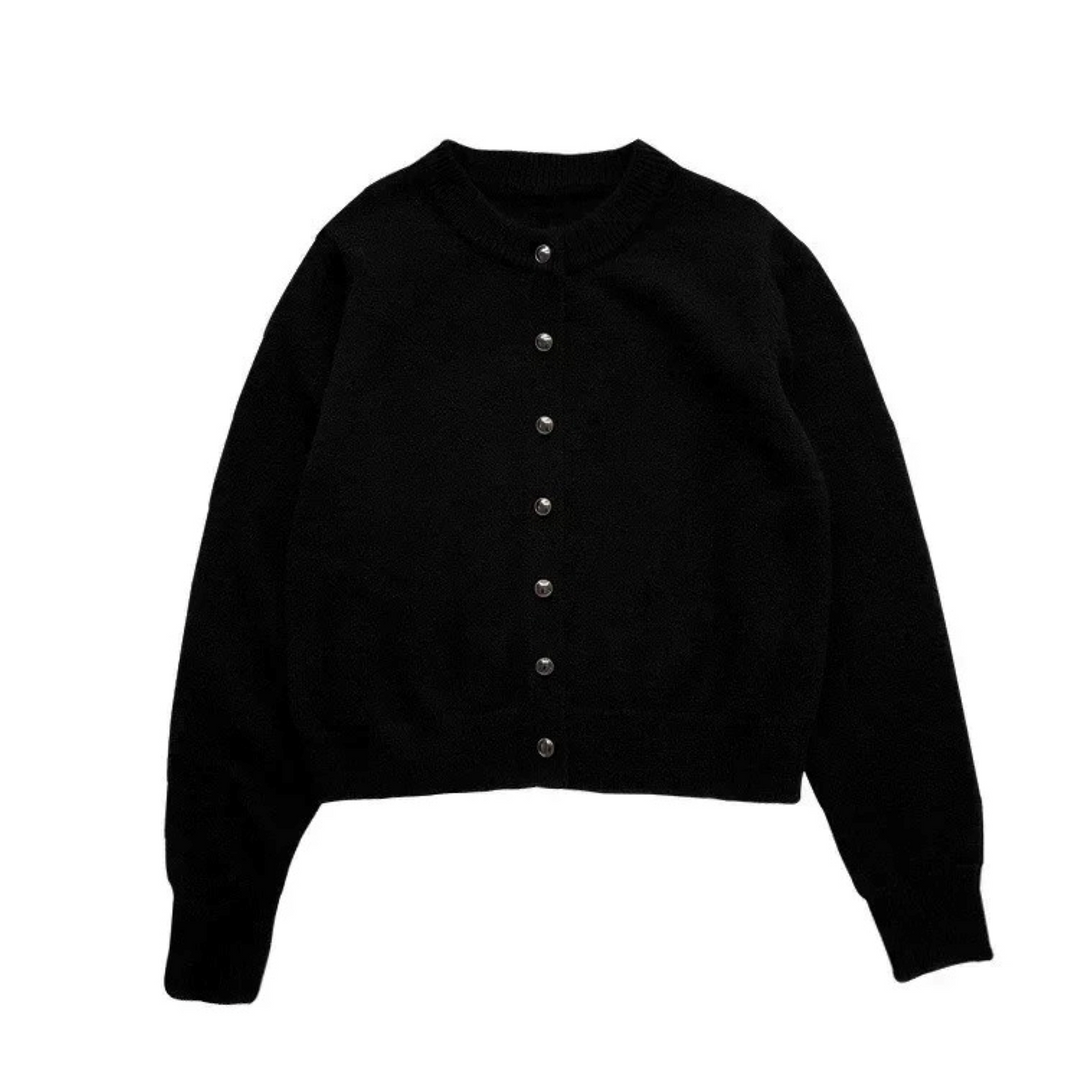 Schwarzer Strick-Cardigan mit Rundhalsausschnitt und Knöpfen, Damenmode, elegant.