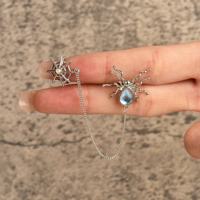 Silberne Spinnen-Ohrringe mit Kette und blauem Tropfenstein, Damen-Schmuck, modisch.