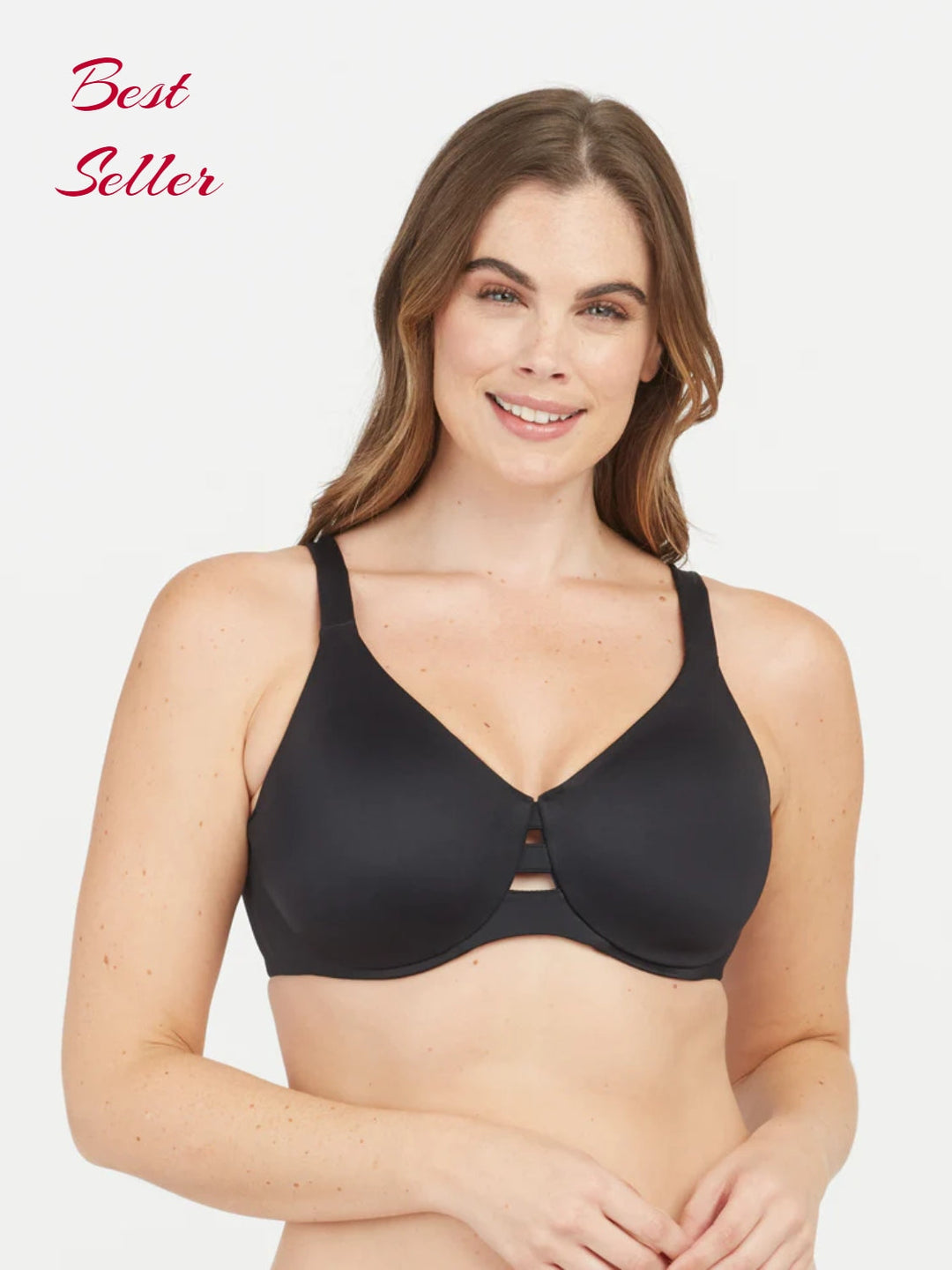Frau trägt schwarzen Minimizer-BH, nahtlos, bequem, Bestseller, Unterwäsche für Damen.