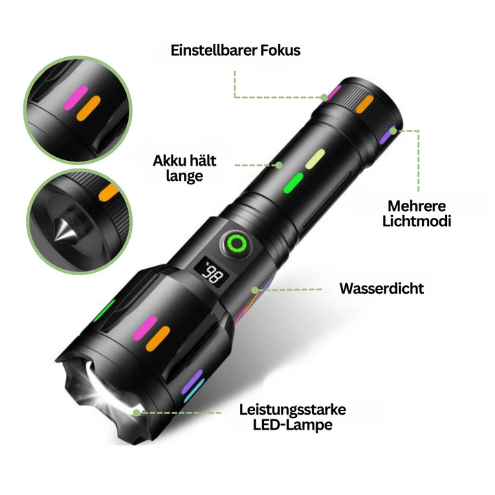 Leistungsstarke LED-Taschenlampe, wasserdicht, einstellbarer Fokus, mehrere Lichtmodi.