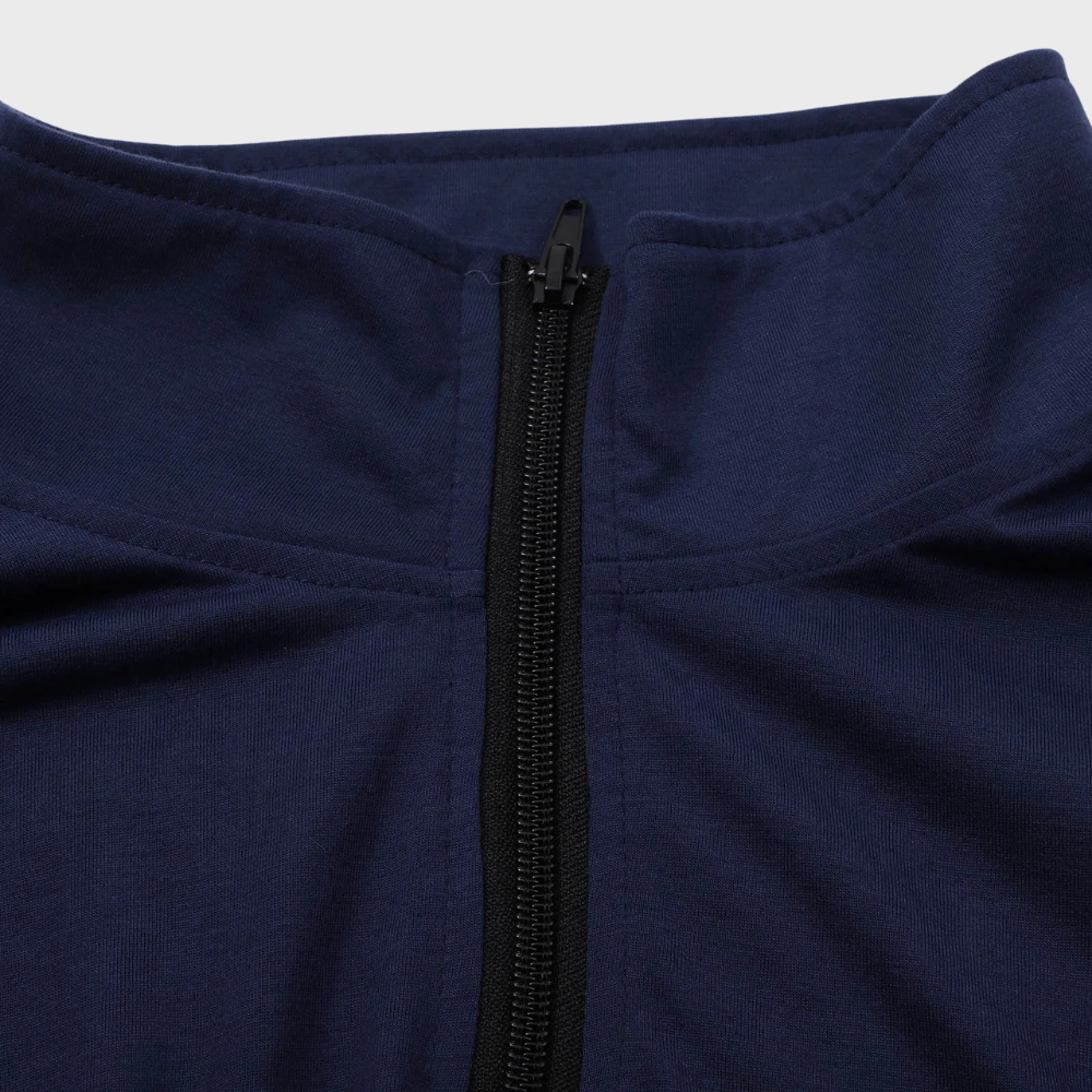 Dunkelblauer Herren-Trainingsanzug mit Reißverschluss, atmungsaktives Material, Sportbekleidung.