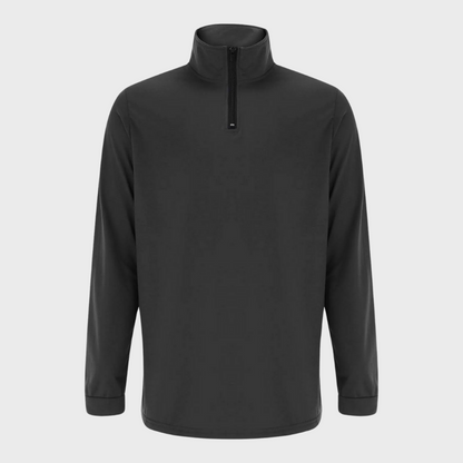 Schwarzer Herren-Pullover mit Reißverschluss, langärmelig, atmungsaktiv, sportlich.