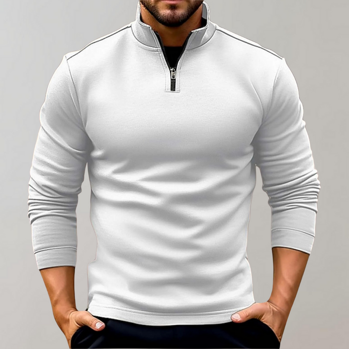Weißer Herrenpullover mit Reißverschluss, Langarm, modisch, bequem, Freizeitkleidung.
