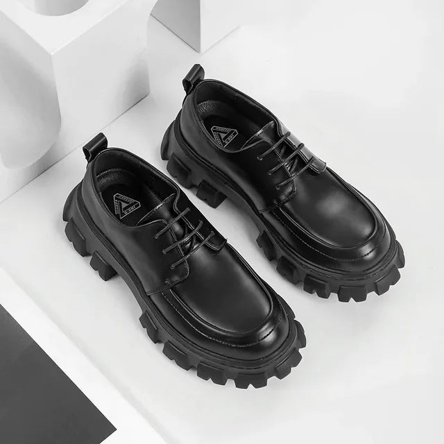 Schwarze Herren-Lederschuhe, klobige Plattform, Retro-Design, Frühling Herbst, Low-Top.