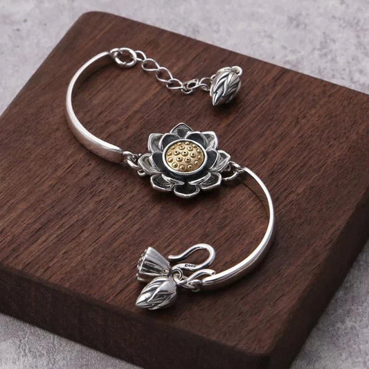 Silberarmband mit Lotusblume, verstellbar, handgefertigt, elegantes Design, Schmuck für Damen.