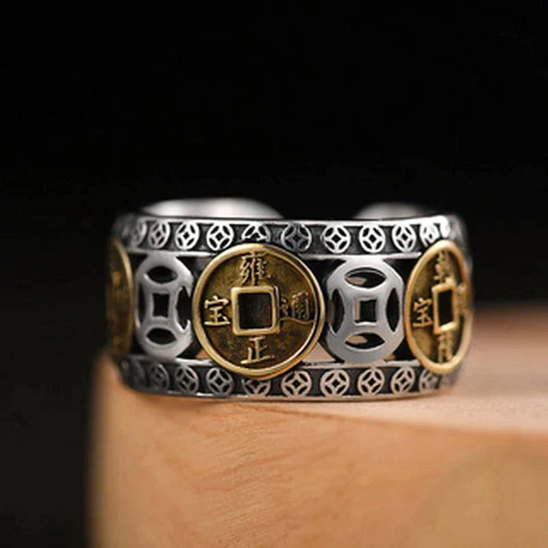 Silberring mit antiken chinesischen Münzen, goldfarben, Herrenring, Vintage-Stil.