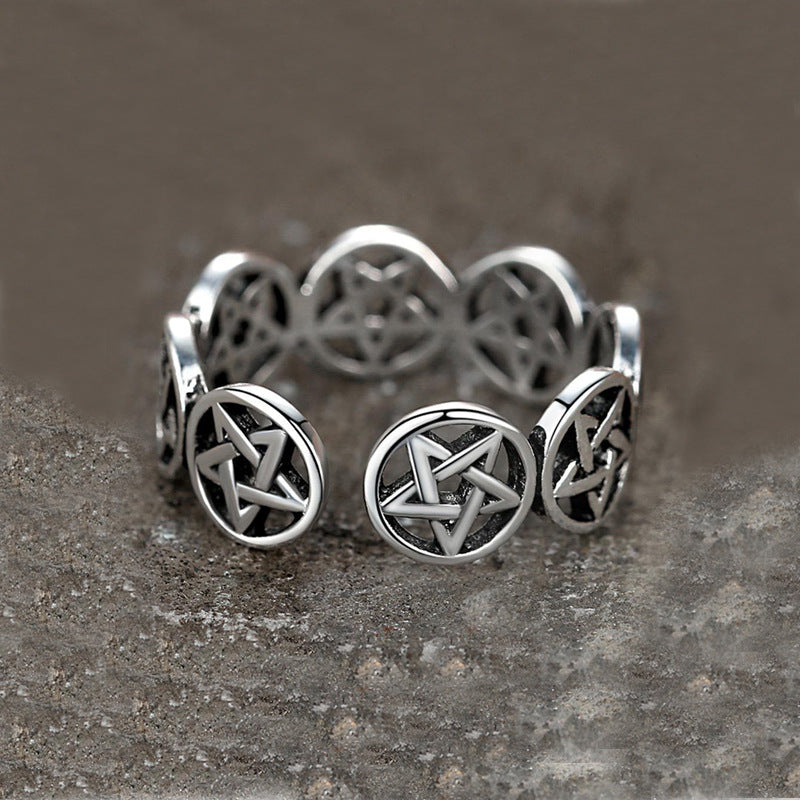 Silberner Pentagramm-Ring, verstellbar, Edelstahl, gotischer Schmuck, Unisex-Design.