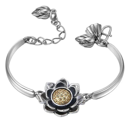 Silbernes Lotus-Armband mit goldener Blume, verstellbar, Damen-Schmuck, modisch, elegant.