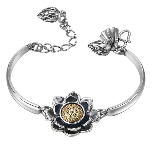 Silbernes Lotus-Armband mit goldener Blume, verstellbar, Damen-Schmuck, modisch, elegant.