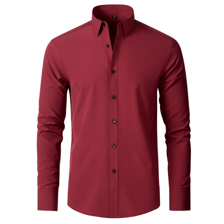 Bordeauxrotes Herrenhemd, langärmelig, Knopfleiste, elegantes Design, Freizeitmode.