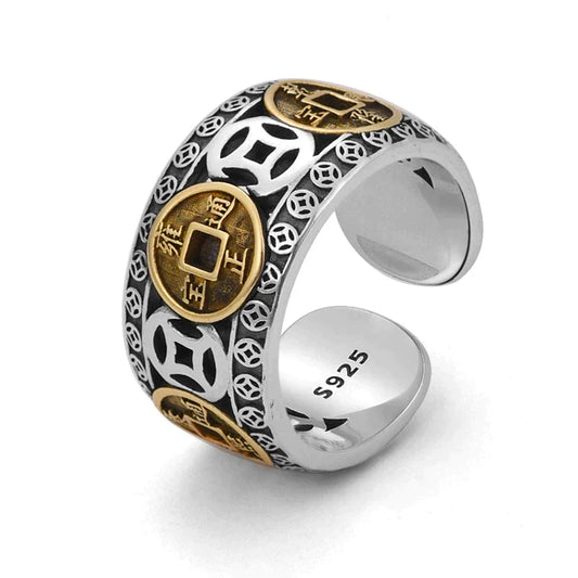 Silberner Ring mit chinesischen Münzen, verstellbar, S925, Vintage-Stil, Herren-Schmuck.