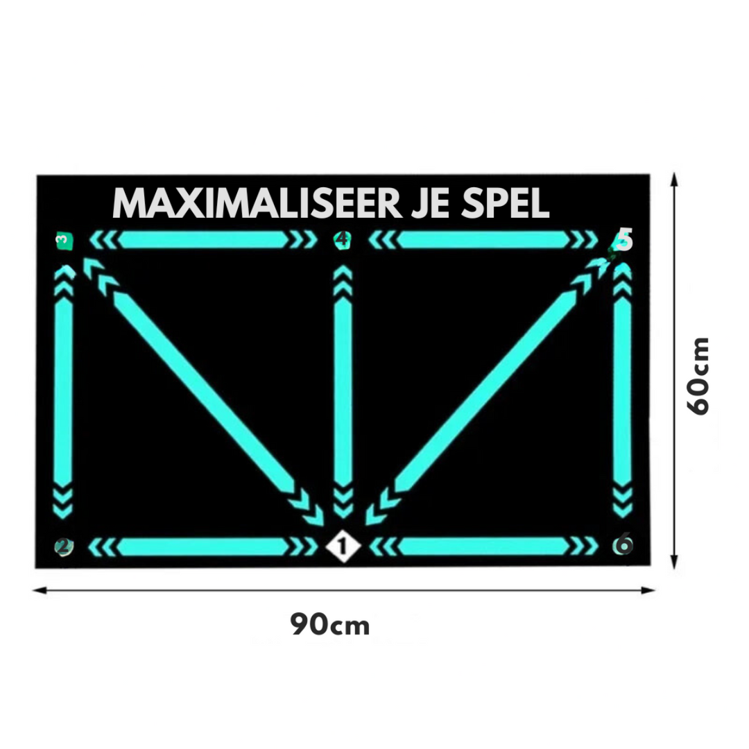 Schwarze Spielmatte mit blauen Linien, 90x60 cm, "Maximaliseer Je Spel" Text, Gaming-Zubehör.