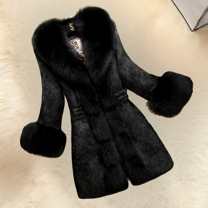 Schwarzer Kunstpelzmantel Damen, elegant, warm, Wintermode, luxuriös, mit breitem Kragen.
