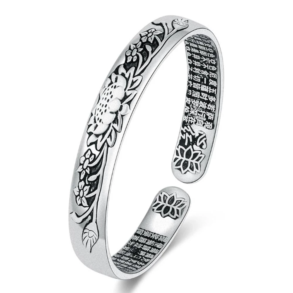 Silberner Armreif mit Lotusblumen-Design, graviert, verstellbar, Schmuck für Damen und Herren.