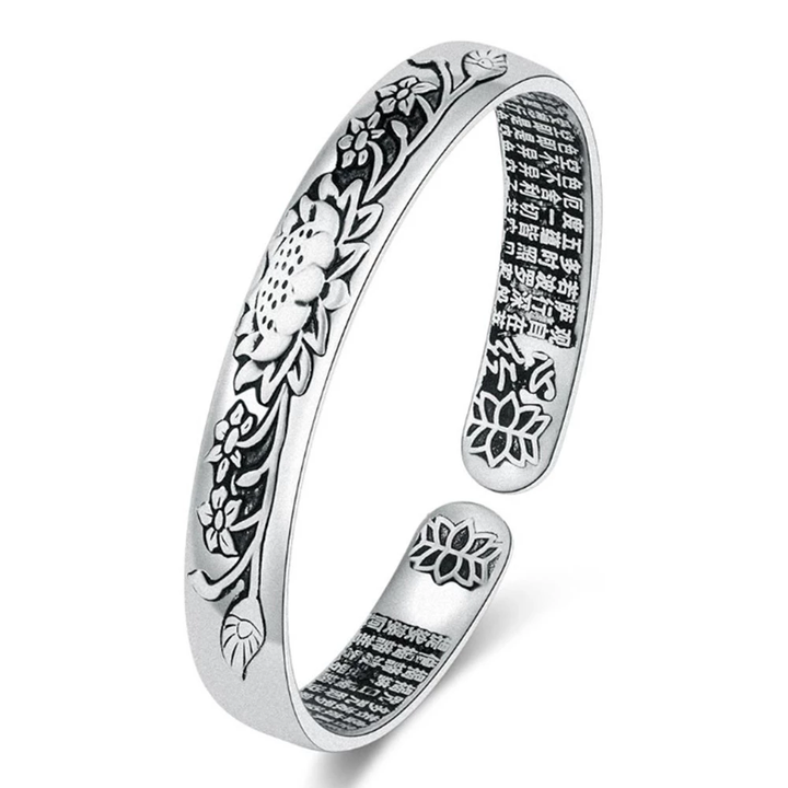 Silberner Armreif mit Lotusblumen-Design, graviert, verstellbar, Schmuck für Damen und Herren.