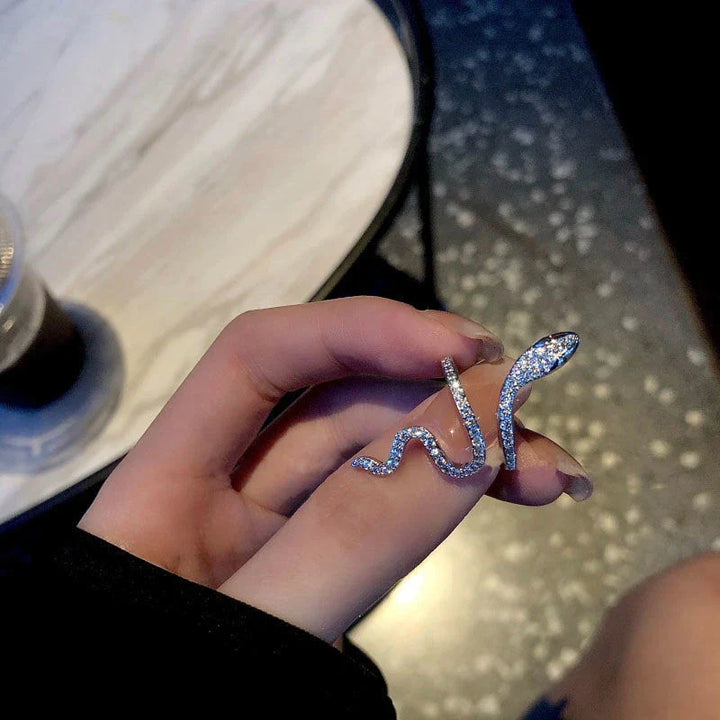 Schlangenförmige Ohrringe mit Strasssteinen, silber, modisch, Damen-Schmuck, Nahaufnahme.