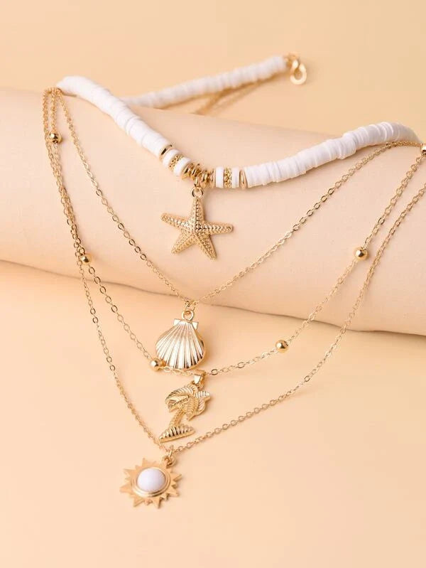 Goldene Halskette mit Muschel- und Seestern-Anhängern, mehrlagig, Damen-Schmuck, modisch.