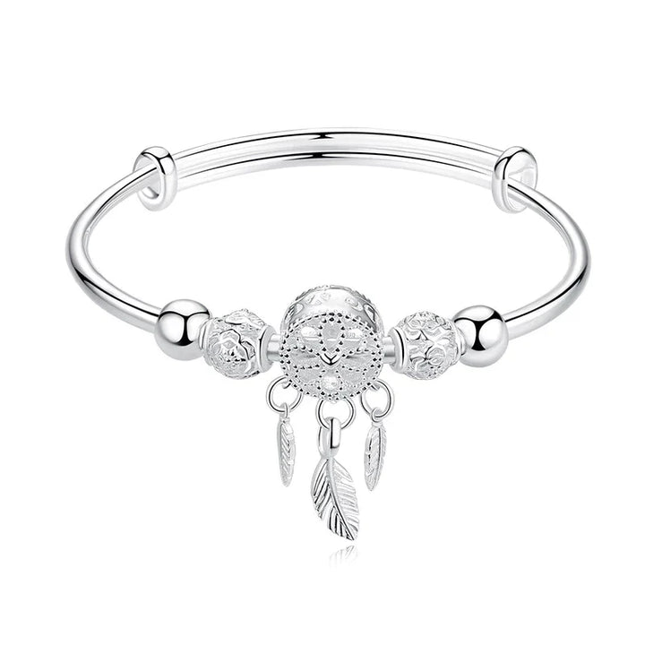 Silbernes Armband mit Eulenanhänger und Federn, Damen Schmuck, verstellbar, modisch.