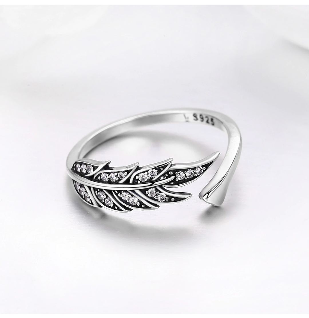 Silberner Blatt-Ring mit Zirkonia-Steinen, elegantes Schmuckdesign, verstellbar, Damenring.