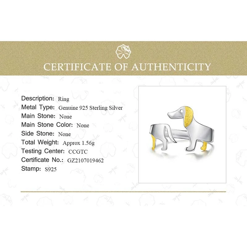 Zertifikat für 925 Sterling Silber Ring, Hundemotiv, Echtheitsnachweis, Schmuckzertifikat.