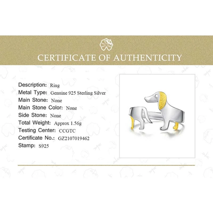 Zertifikat für 925 Sterling Silber Ring, Hundemotiv, Echtheitsnachweis, Schmuckzertifikat.
