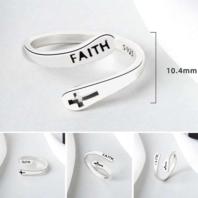 Silberner verstellbarer Ring mit "Faith"-Gravur und Kreuzmotiv, 925 Sterling Silber.