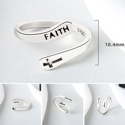 Silberner verstellbarer Ring mit "Faith"-Gravur und Kreuzmotiv, 925 Sterling Silber.