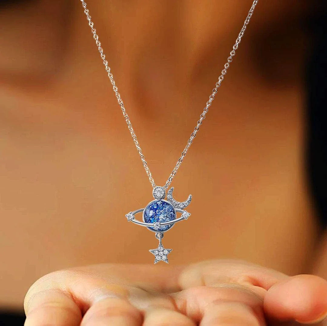 Silberne Halskette mit blauem Planetenanhänger, Zirkonia, Damen-Schmuck, Geschenkidee.