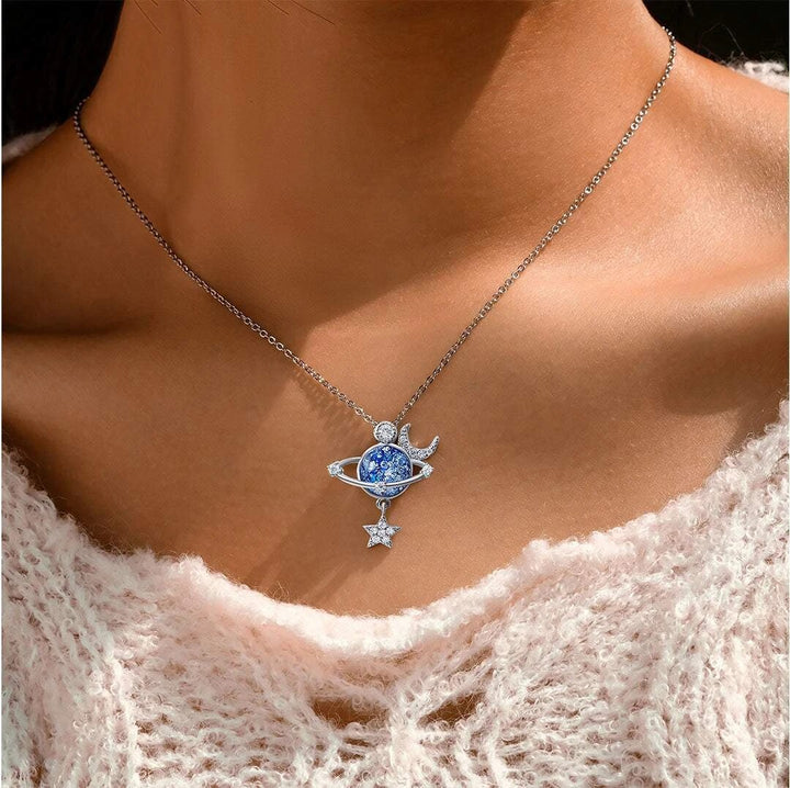 Silberne Halskette mit blauem Planetenanhänger, Stern und Mond, Damenmode-Schmuck.