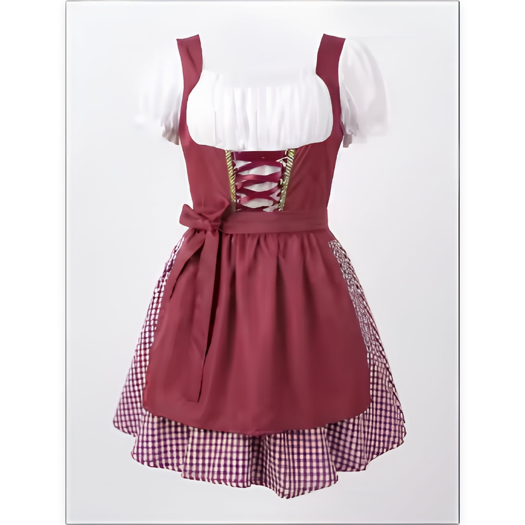 Vínově červené dirndl s bílou nabíranou halenkou, šněrováním na živůtku a kostkovanou sukní, nafocené samostatně zepředu. 1