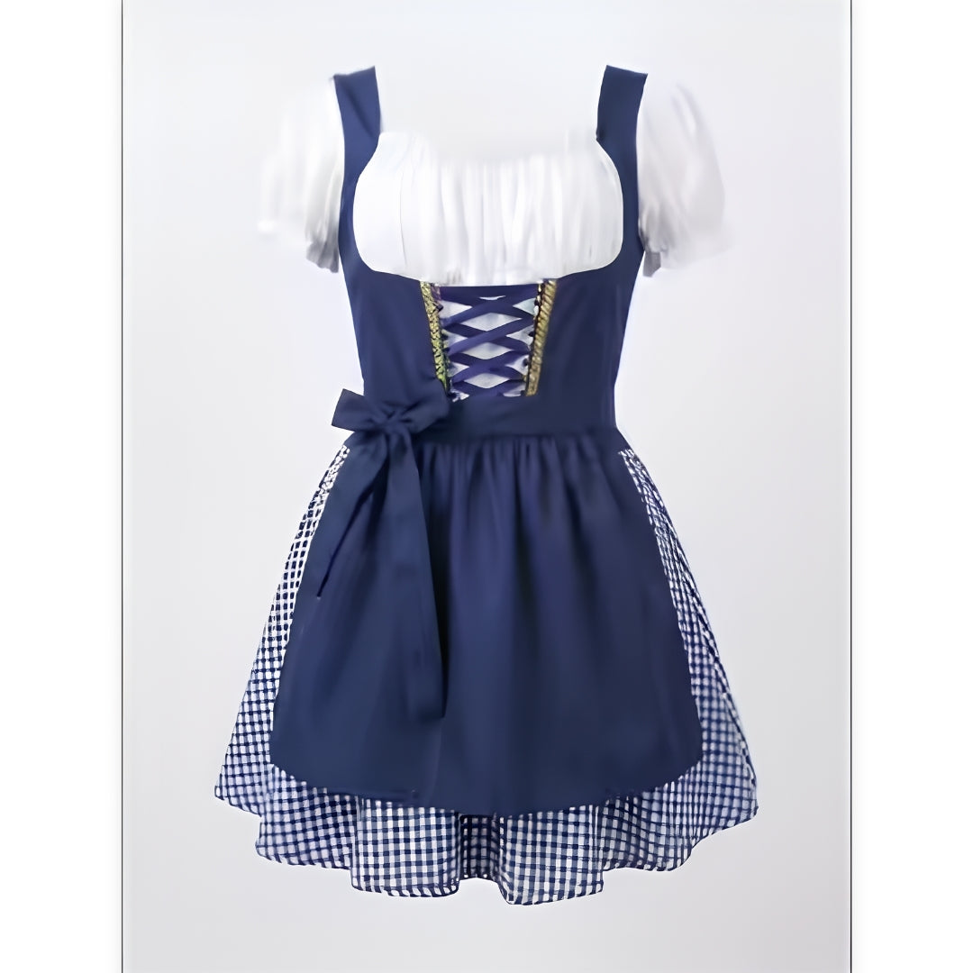 Tmavě modré dirndl s bílými nabíranými rukávy, šněrováním na živůtku a modrobíle kostkovanou sukní, pohled zepředu bez modelky. 2