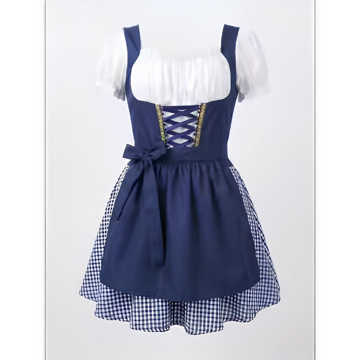 Tmavě modré dirndl s bílými nabíranými rukávy, šněrováním na živůtku a modrobíle kostkovanou sukní, pohled zepředu bez modelky. 2