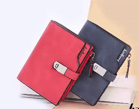 Rote und blaue Geldbörse mit Magnetverschluss, Leder, kompakt, stilvoll, Damenaccessoire.