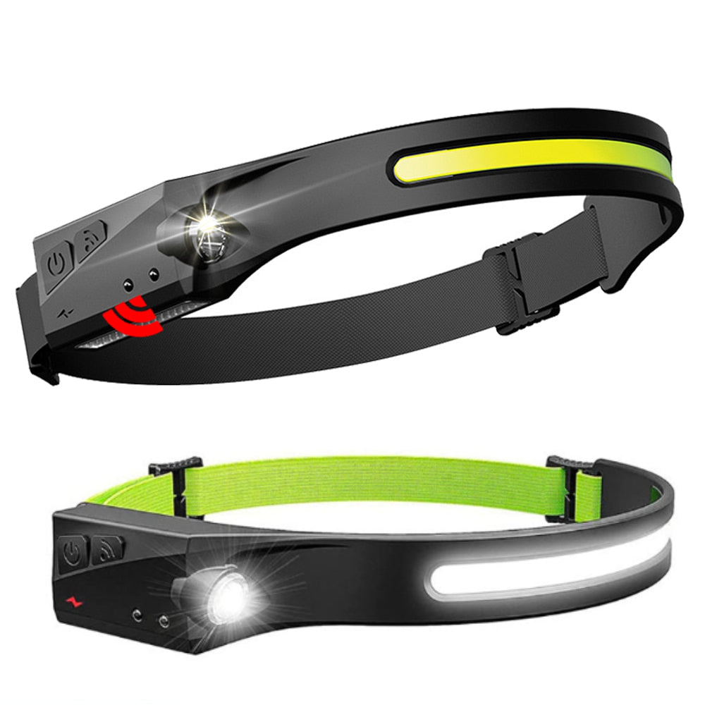 Schwarzes LED-Stirnband mit verstellbarem Gurt, ideal für Outdoor-Aktivitäten und Nachtläufe.