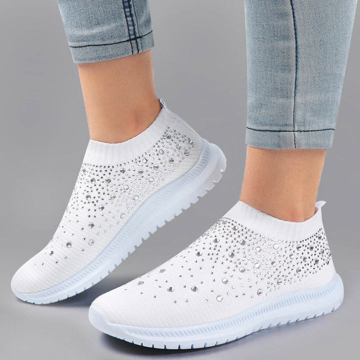 Weiße Damen-Sneaker mit Strass, atmungsaktiv, rutschfest, modisch, bequem, für Freizeitkleidung.