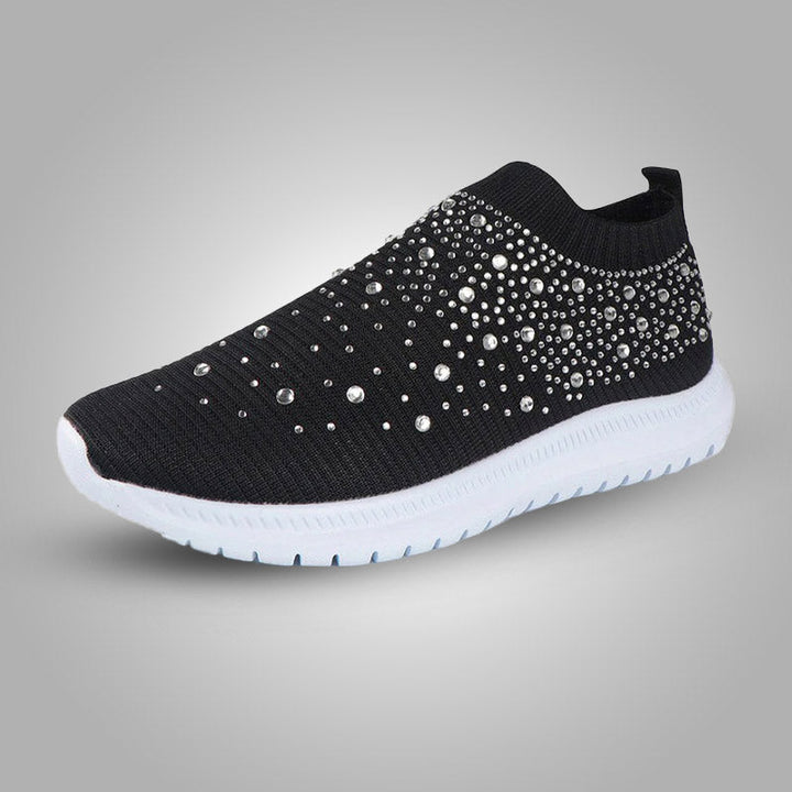 Schwarzer Damen-Sneaker mit Strasssteinen, atmungsaktiv, rutschfeste Sohle, modisch.